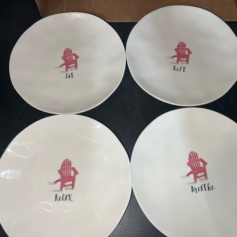 Rae Dunn 8” White melamine Plates with Red Adirondack Chair Design